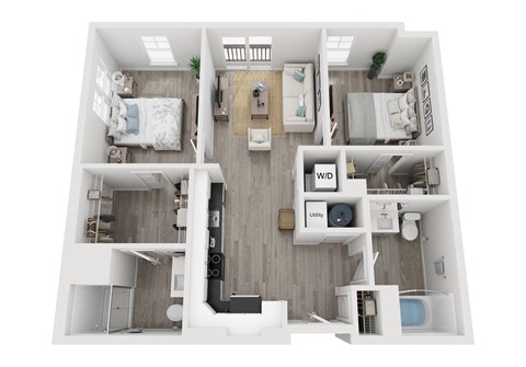 Floor plan for 2 beds, 2 baths, 955 sqft
